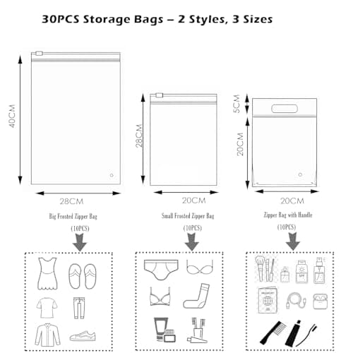 Resealable Ziplock Bags, 30PCS Travel Storage Bags,Clear Bag & Frosted Zip lock Seal Clothes Bags Hospital Waterproof Luggage Organiser for Clothes Shoes Cosmetics (30 piece) — view 2