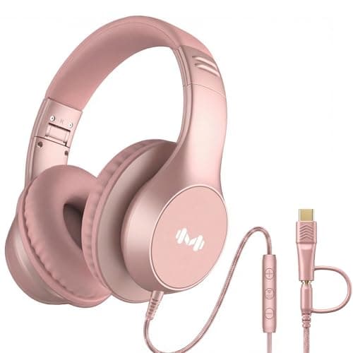 Zollexa Wired Over-Ear Headphones, Mic, 3.5mm Jack, USB-C Adapter, Gold