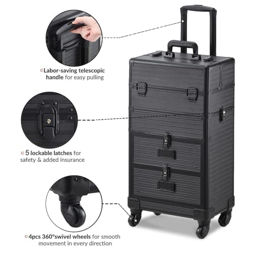 Warmiehomy Makeup Case 4-in-1 Tall Vanity Case Makeup Trolley Professional Beauty Trolley on Wheels Large Makeup Organizer Suitcase Cosmetic Storage Box 2 Drawers for Women 36x23x62cm（Black） — view 4