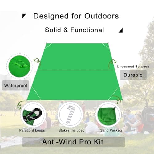 Legnowit Outdoor Pocket Blanket, 140 x 200 cm Waterproof Packable Compact Lightweight Picnic Blanket, Sand Free Beach Mat, Outdoor Tarp for Concert Festival Camping Hiking, Stakes Included (Green) — view 5