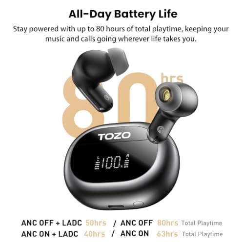 TOZO NC20 Active Noise Cancelling Wireless Earbuds, IPX8 Waterproof Ear Buds, LDAC Hi-Res Sound Stereo Bass, 6 Mics AI Call, Multipoint Pairing, 80H Playtime, Translation Earbuds, Wireless Charging — view 4