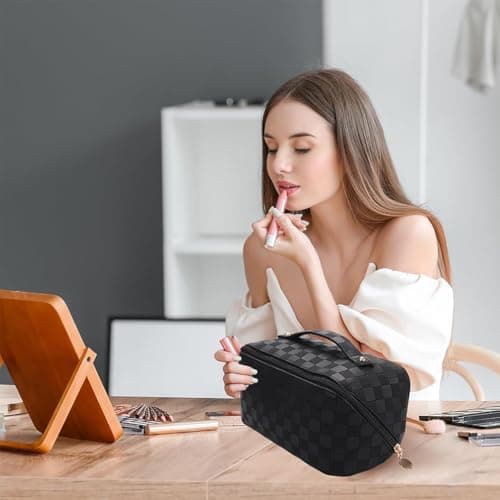Large Capacity Makeup Bag - Women Waterproof Leather Cosmetic Bag, Portable Travel Purse Toiletry Bag Organizer, Multifunction Multi Layer Makeup Bag with Handle and Divider for Ladies Girls (Black) — view 5