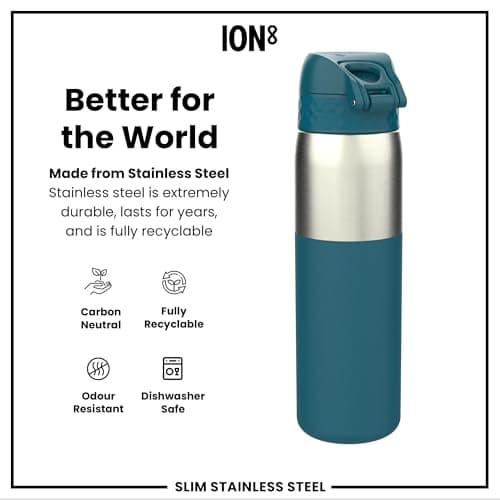 ION8 Lightweight Steel Water Bottle, 600ml/20oz, Non-Insulated, Leak Proof, Easy to Open, Secure Lock, Dishwasher Safe,Flip Cover, Fits Cup Holders,Carry Handle, Metal Water Bottle, Half Cut Deep Teal — view 5