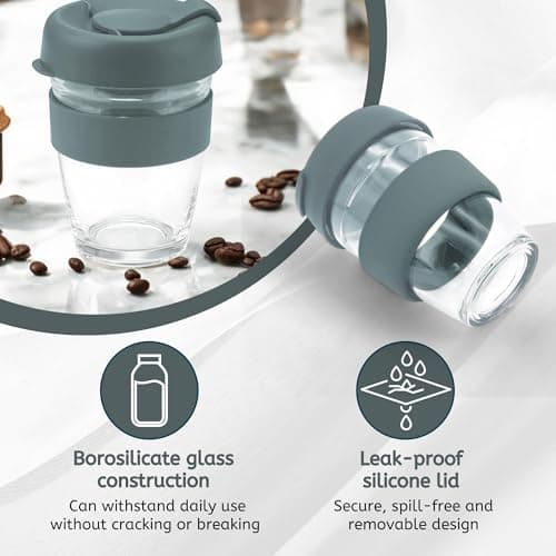 Reusable Glass Coffee Cup/Travel Mug with Lid - Heat Resistant Sleeve Surround Eco Friendly with Plugged Removable Lid (Grey) — view 2