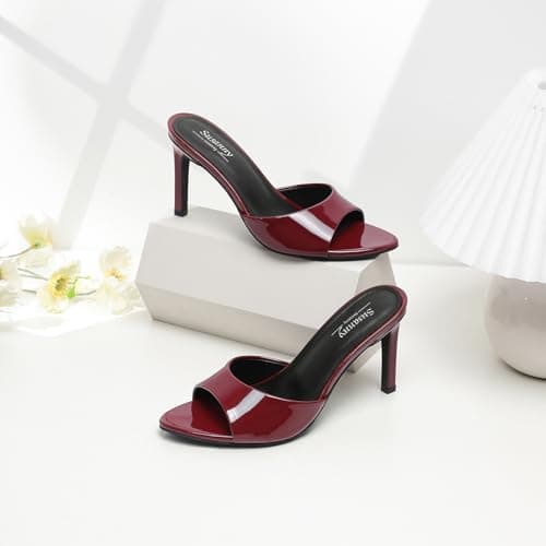 Susanny Women's Sandals Heels Mule High Heels Pointed Open Toe Sandals Sexy Slip on Heeled Summer Casual Wedding Prom Party Comfortable Dressy Shoes, Burgundy, 5 UK — view 3