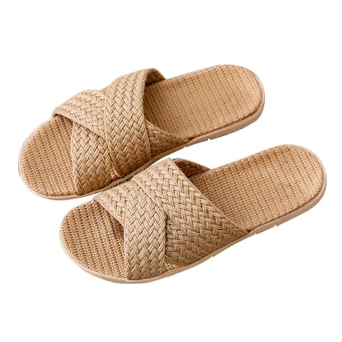 Women'S Linen Woven Sliders, Summer Wide Fit Open Toe Slippers Flats Slip-Resistant Flax Slides Sandals Slip On House Bamboo Shoes Lightweight Classic Indoor Footwear Casual Comfort Sandal For Shower