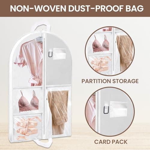 2 Packs 39.37 Inch Dance Costume Garment Bag for Travel with Handles, Kids Hanging Clothes Cover for Girls Closet Storage with 3 Clear Zipper Pockets & 1 Large Zipper Pocket (White) — view 4