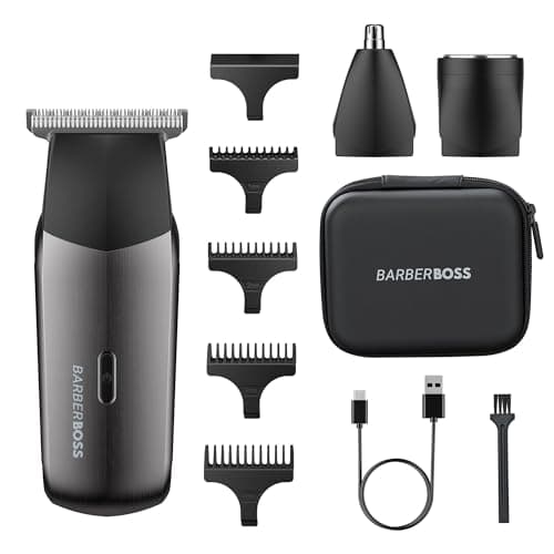 BarberBoss 3-in-1 Men’s Electric Shaver, Travel Trimmer Kit for Men, Beard & Hair Trimmer, Nose & Ear Trimmer, Mini Foil Shaver Head, Male Grooming Set with 5 Guide Combs, QR-2211