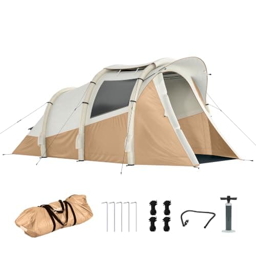 Outsunny Inflatable Camping Tent w/Air Pump, Tunnel Design Khaki