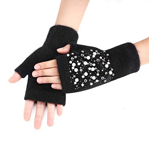 Women Ladies Beads Knitted Gloves Winter Warm Short School Writing Reading Travel Cycling Fingerless Gloves — view 3