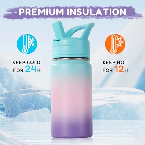 Fijinhom Kids Water Bottle for School, 360ml/12oz, Toddler Water Bottles with Straws, Stainless Steel Vacuum Insulated Water Bottles for Boys&Girls, Leak-Proof, BPA-Free,Aurora — view 5