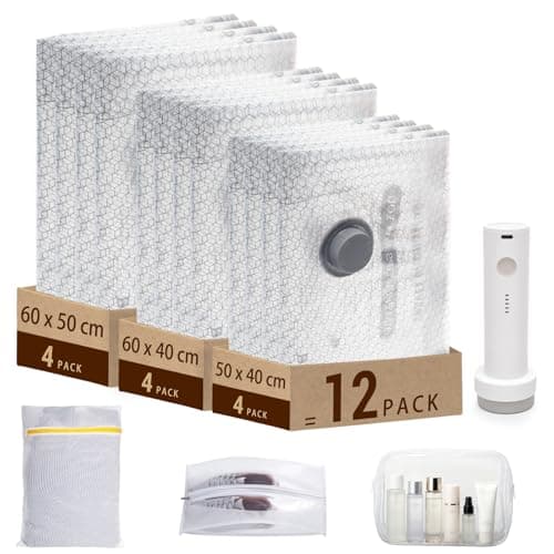 FANGCCC Vacuum Bags for Travel with Rechargeable Electric Pump, 16 Piece Suitcase Packing Set with 12 Reusable Vacuum Storage Bags, Shoe Bag, Laundry Bag and Toiletry Bag