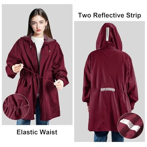 SOPPY Women Waterproof Raincoat Ladies Rain Jacket with Hood, Lightweight Unisex Rain Coat Windbreaker Trench,Red — view 6