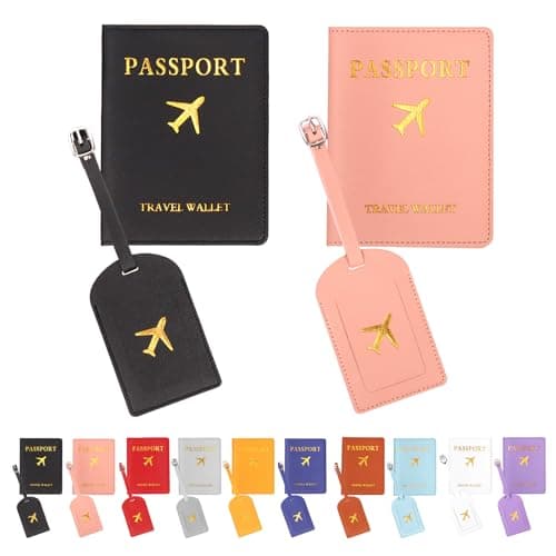 Keadic 4Pcs Passport Covers and Luggage Tags Set, Honeymoon Mr and Mrs Travel Suitcase Tag Card and Passport Holder for Wedding Engagement Bridal Shower Gift (Black and Pink)