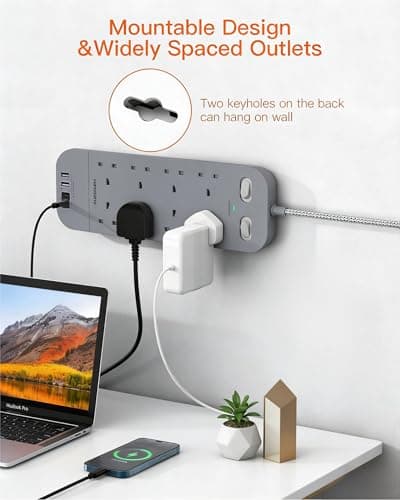 1.8M Extension Lead Grey, 8 Way Power Strip with 2 USB C 2 USB A — view 4