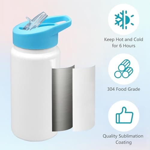 6 Pack Sublimation Tumblers for Kids, 420ml Sublimation Blank Water Bottles Bulk Vacuum Insulated Sports Bottle with Lid and Straw for DIY Memorial Party Gifts — view 3