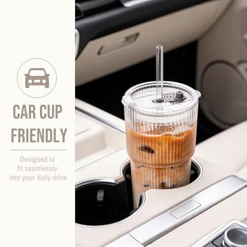 SoulTimes 600ml Glass Cups with Lids and Straws, Ribbed Glass Tumbler for Iced Coffee, Smoothie, Juice & Cold Drinks, Reusable Thick Glassware Set, Elegant Home & Travel Drinkware【2 Pack】 — view 6