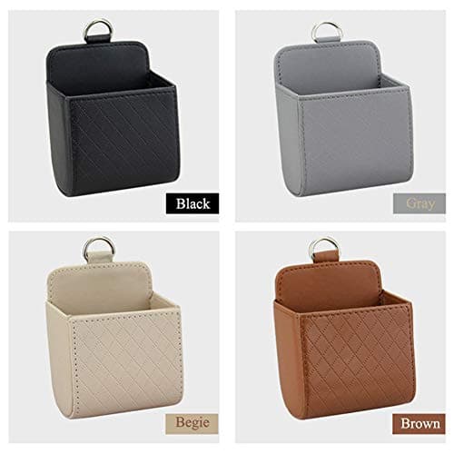 Car Storage Box, Universal Car Air Vent Organiser, Multifunctional Mount Outlet Storage Box, Hanging PU Leather Container Bag for Pen, Phone, Keys, Dark Beige — view 6