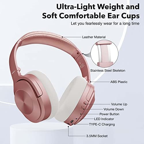 Active Noise Cancelling Headphones, Over Ear Wireless Bluetooth Headphones, Hi-Res Audio, Deep Bass Memory Foam Ear Cups, 40H Playtime for Travel Home Office (Pink) — view 5