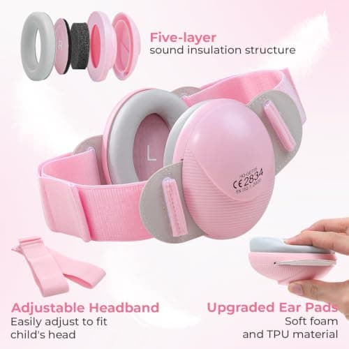 ECHOCUBE Earmuffs, Noise Cancelling Headphones for Boys and Girls, Ear Defenders for Sleep, Airplane Travel - Pink — view 3