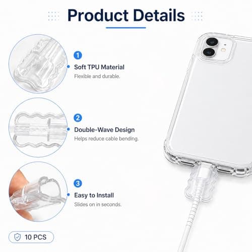 QIHAWN 10Pcs Clear Dual Wave Charger Cable Protectors for Phone Cables — view 3