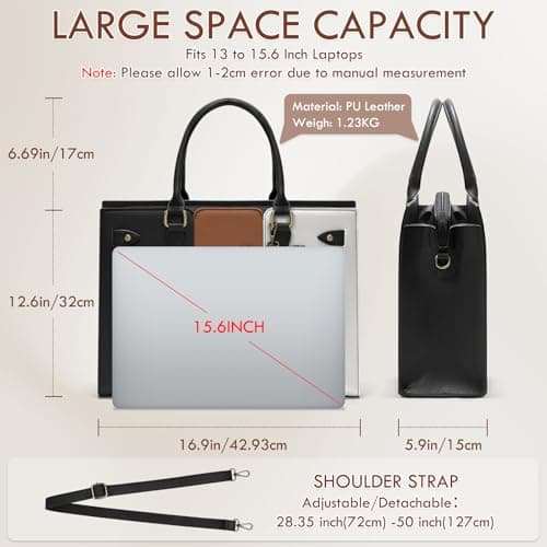 RAINSMORE Laptop Bags for Women PU Leather Work Bags for Women Tote Bag Large Handbag Shoulder Bag for Office 15.6 Inch Business Black with White and Brown — view 4