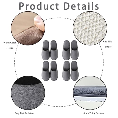 GYTFOG 4 Pairs Hotel Slippers, Grey Indoor Slippers for Travel, Spa Treatments, Home and Airplane, Non Slip Comfortable Slippers for Women and Men, Travel accommodation, Lightweight — view 4