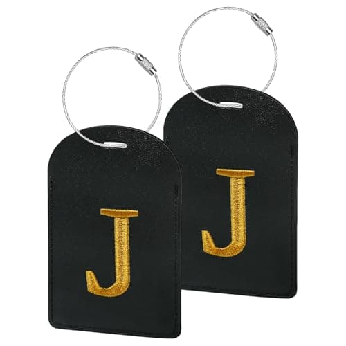 Gloppie 2 Pack PU Leather Luggage Tags, Waterproof Baggage Labels with Initial Letter, ID Name Card for Suitcase & Travel Bag 70x110mm - J