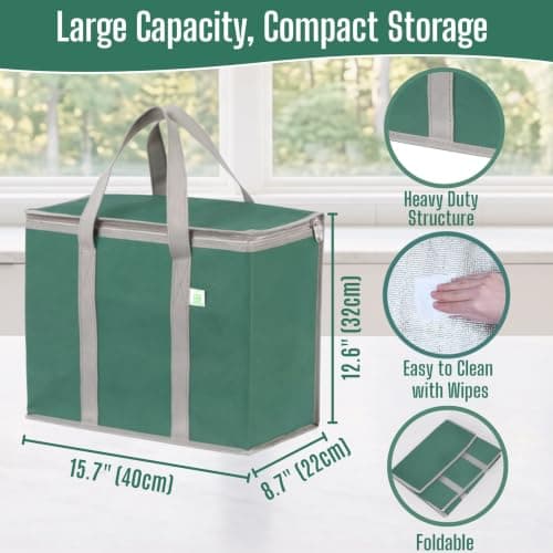 VENO 2Pcs Reusable Cooler Bag, Large Cooler Bag with Lid, Durable Handles, Double Zippers, Stand-up Shopping Bag, Foldable Lunch Bag, Picnic Bags (Dark Green, 2PCS) — view 2