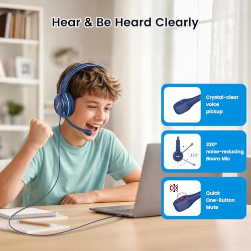 SIMOLIO 10 Pack Wired Headphones for School with Mic, Kids Headphone with Swivel Boom Mic for Student K12 & Teacher & E-Learning — view 4