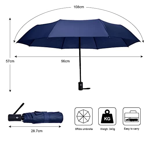 Vicloon Travel Umbrella, Folding Umbrella, 8 Ribs Compact Windproof Umbrella, Auto Open/Close, Sturdy Reinforced Canopy Automatic Portable Umbrella for Men&Women (Blue) — view 3