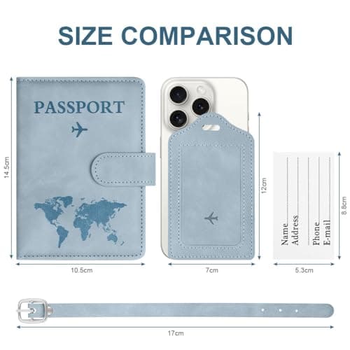 OFFCUP Passport Holder Cover, PU Leather Passport Cover and Luggage Tag Set with RFID Blocking Travel Wallet, Universal Travel Wallet Case Organiser for Money, Boarding Passes, Credit Cards Sky Blue — view 2