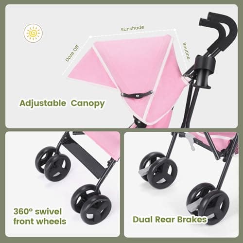 Baby Stroller, Travel Umbrella Stroller with Foldable Pushchair with Adjustable Canopy, Folding Infant Pram Stroller with Storage Basket, Cup Holder, Suspension Wheels for Infants 3-36M(Pink) — view 6
