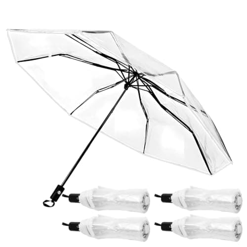 Jonuin Clear Umbrella, 8 Ribs Windproof and Folding Transparent Umbrellas, Auto Clear Travel Compact Umbrella, See Through Umbrellas for Woman Men Wedding Party (4 PCS)