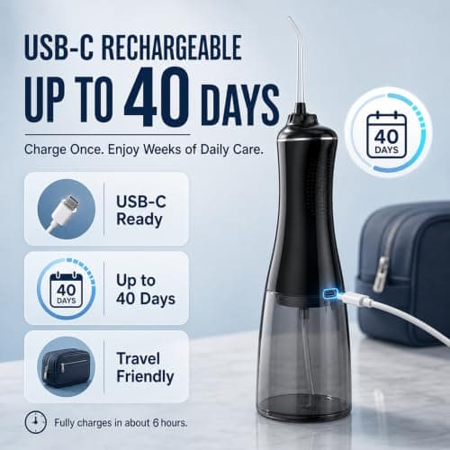 MOCEL Water Dental Flosser Oral Irrigator with 5 Modes, 350ml Cordless Water Teeth Cleaner Pick 6 Tips, IPX7 Waterproof Rechargeable Portable Powerful Battery for Travel & Home Braces & Bridges Care — view 3