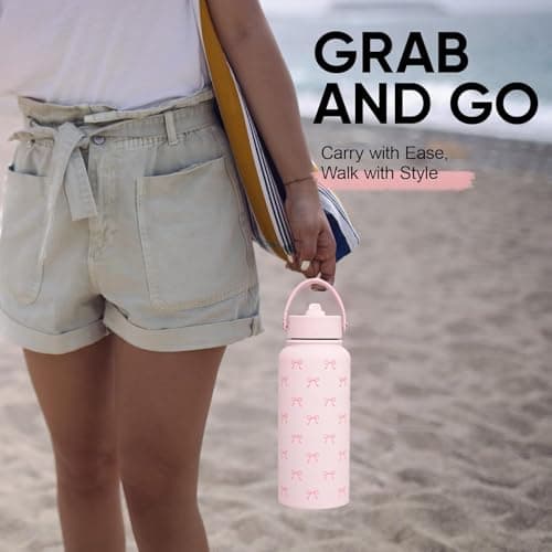 Pink Bow Water Bottle 1L (32oz) Insulated Water Bottle Stainless Steel Pink Girls Water Bottle with Straw for Women Girls, Birthday and Back to School Gift — view 6