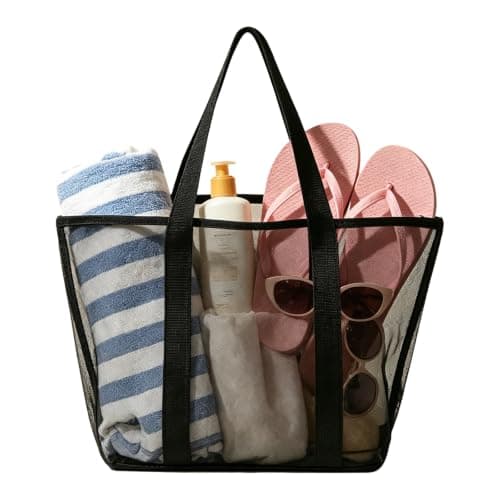 Ehuixinsheng Mesh Beach Bag for Women,Large Black Lightweight Foldable Quick Dry Handheld Hollow Mesh Tote Bags Summer Net Beach Bag for Holiday Travel School Work Shopping Swimming