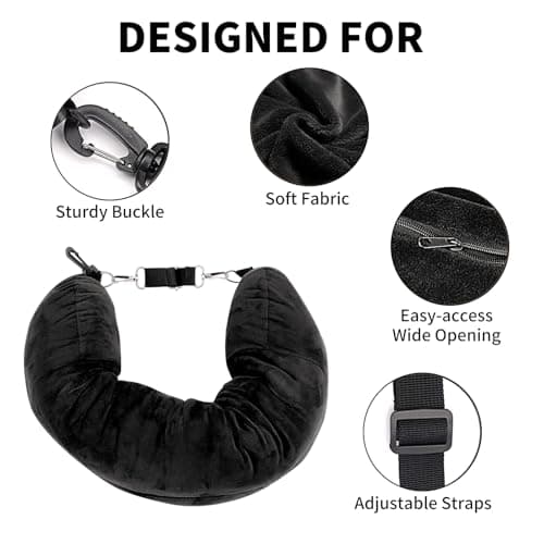 Rayakt Stuffable Neck Pillow for Travel, 80 * 18.5cm Adjustable Travel Neck Pillows, Ultra-Soft Washable Pillow with Storage Bag, Fillable with Clothes for Plane, Train & Car Essentials (Black) — view 3
