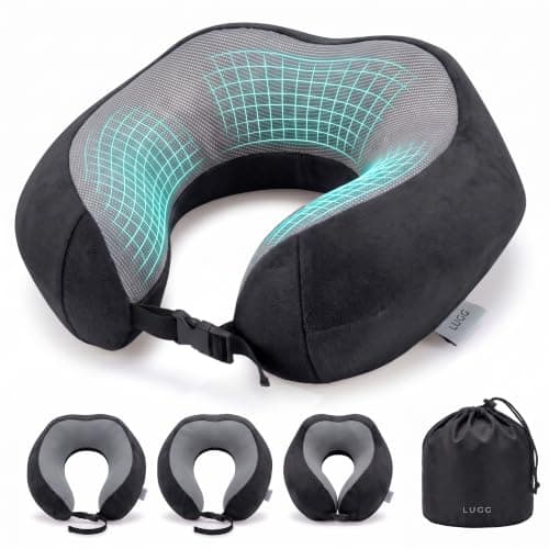 LUGG Memory Foam Travel Pillow – 360° Ergonomic Neck & Head Support, Slow Rebound Cushioning, Breathable Cover, Lightweight U-Shape Pillow for Flights, Trains & Cars, Includes Storage Bag - Black