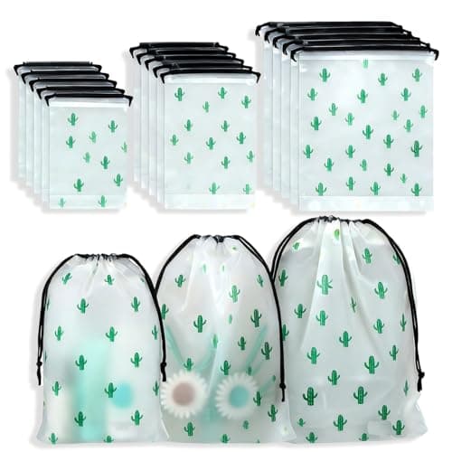 15Pcs Travel Shoe Bags, Dust Proof Shoe Storage Bags, 3 Sizes Reusable Travel Storage Bag, Underwear Bag, Transparent Waterproof Shoe Bags Storage, Drawstring Shoe Bag for Men Women Kid (Cactus)