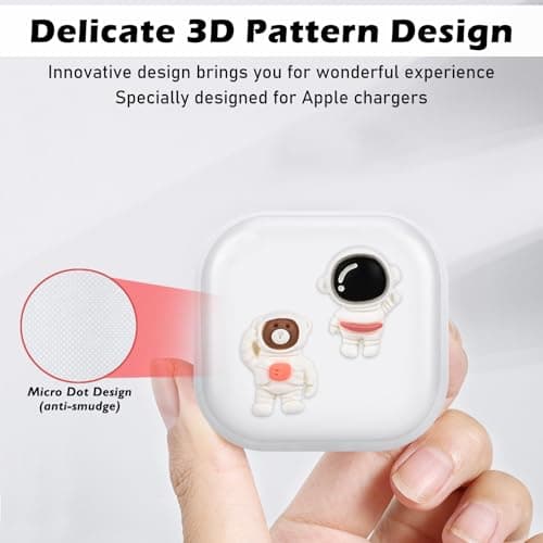 DiyGody Protector Set Compatible for iPhone 40W Charger Plug, Phone Charger Protective Cover for UK Apple Type-C/L Power Adapter, Data Cable Case Wire Saver Cute Design for Girls, White 3D Astronaut — view 3