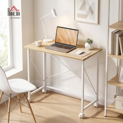 HOMCOM Small Folding Desk, 80 cm on Wheels for Small Space, Natural Tone — view 2