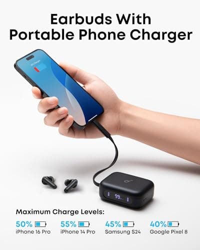 soundcore P41i by Anker Adaptive Noise Cancelling Earbuds with Portable Phone Charger (Built-in USB-C Cable), 192 h Playtime, Immersive Sound,6-Mic AI Calls IPX5 (Black with Lightning Adapter) — view 2