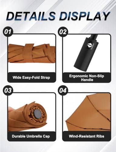 RusuiQinsan Compact Umbrella, Windproof Strong, Folding Travel Umberella, Pocket Sun Umbrella for Men & Women(Brown) — view 5