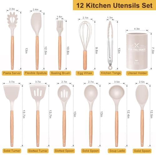 12 PCS Kitchen Utensil Set, Silicone Cooking Utensils with Holder, Natural Wooden Handle Cookware Tongs Spatula Spoon Set, Non Stick & Heat Resistant, Dishwasher Safe (Khaki) — view 2