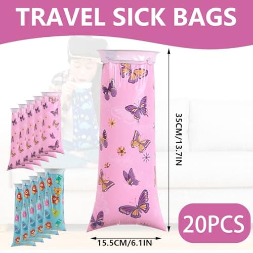 20Pcs Sick Bags with Cartoon Pattern, Disposable Vomit Bags for Travel, Leakproof Sickness Bags Barf Bags for Nausea and Vomiting for Children and Adults, Blue-Green Monsters and Pink Butterflies — view 2