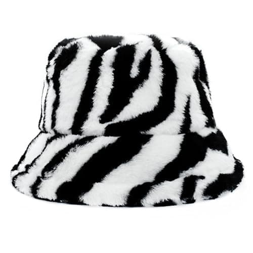 JIAHG Women Winter Warm Bucket Hat Furry Faux Fur Wide Brim Bucket Hats Soft Plush Thick Hats Outdoor Windproof Fuzzy Cap for Spring Casual Travel (UK, Alpha, One Size, Stripe)