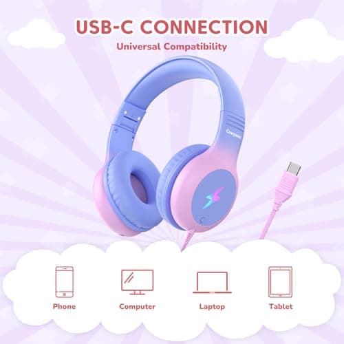 Cowyawn USB Type C Kids Headphones, Kid Wired Headphones with Mic/LED Light — view 4