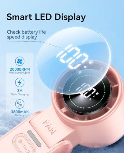 KIMMOO 3-in-1 Portable Handheld Turbo Fan-100 Speeds, 20000 RPM, 12Hrs Cooling, Digital Display, 120° Rotation, USB Rechargeable Mini Hand Held Personal Fan for Travel, Makeup, Outdoor, Indoor (Pink) — view 6