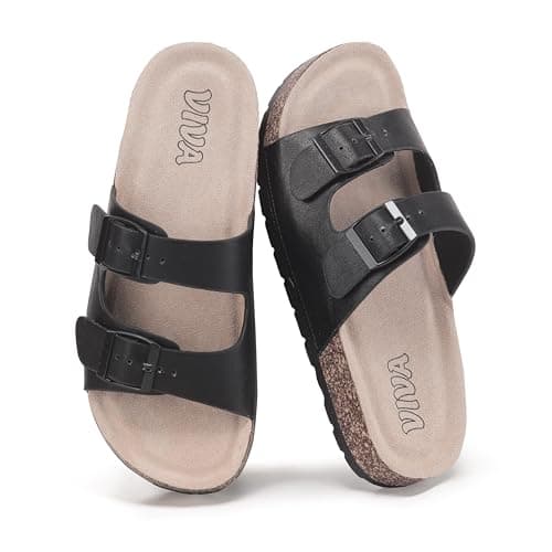 VIVASHOES Women’s Double Buckle Cork Footbed Sandals - Adjustable Flat Slide Sandals for Ladies - Comfortable Open Toe Summer Slippers - Black UK 4